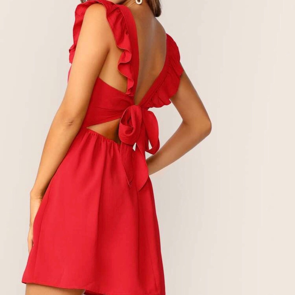 SHEIN Ruffle Trim Back Tie Apron Dress in Red